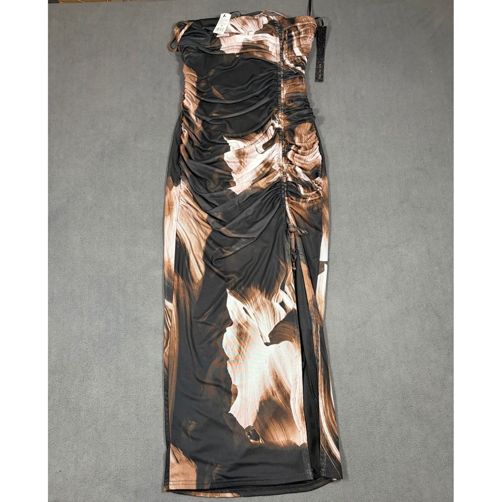 Mad For Love Strapless Ruched Maxi Dress Womens Size Medium Brown Abstract Mesh